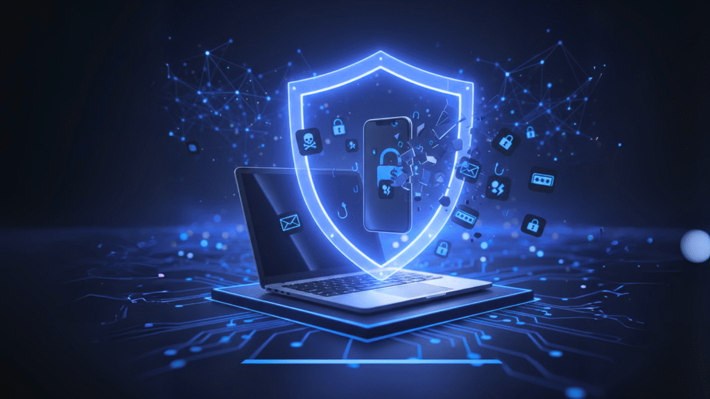 درع كبير يوضع وسط هاتف ذكي وكمبيوتر محمول، يرمز إلى حماية الأجهزة والبيانات من التهديدات السيبرانية.