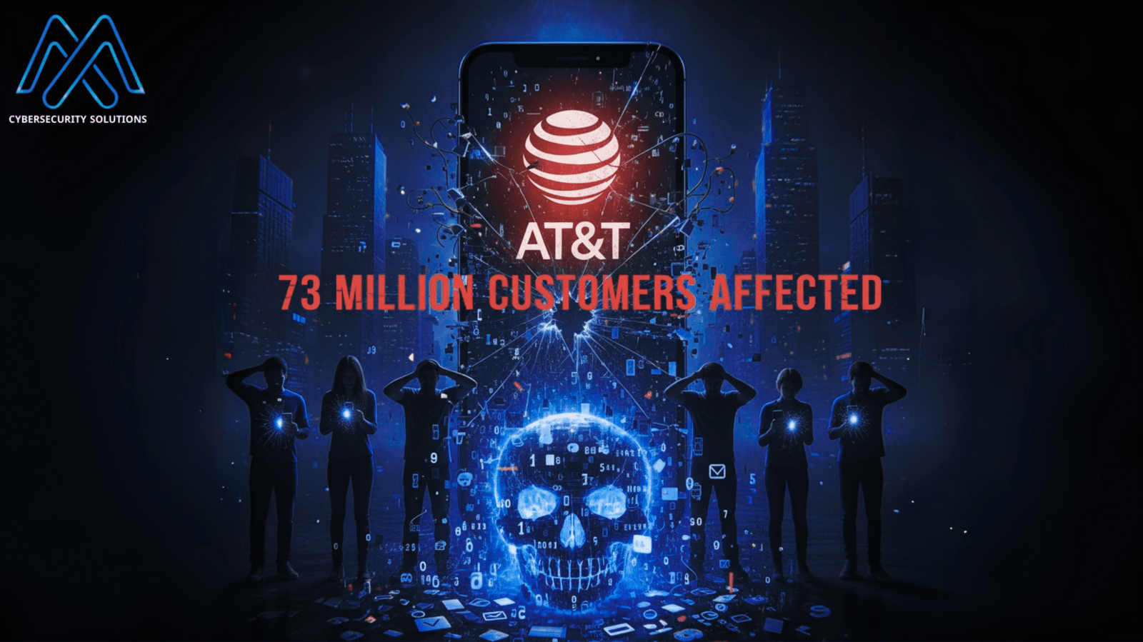 صورة معبرة عن خرق بيانات AT&T، حيث يظهر هاتف ذكي عملاق يحمل شعار الشركة ويتحطم، وتتساقط منه أرقام ورموز وبيانات شخصية، بينما يقف مجموعة من الأشخاص في حالة صدمة.