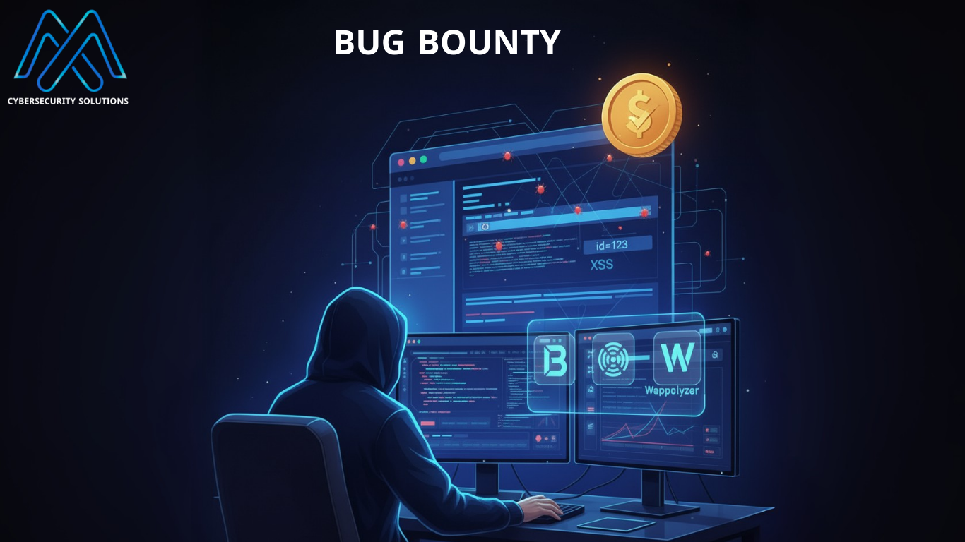 صورة لمختبر اختراق أخلاقي يجلس أمام شاشتين تعرضان شفرات برمجية وأدوات فحص الويب مثل Burp Suite و Wappalyzer. على الشاشة تظهر إشارات لثغرات (ID=123، XSS) ورمز العملة، مع كلمة BUG BOUNTY، ترمز للبحث عن الثغرات والحصول على مكافآت.