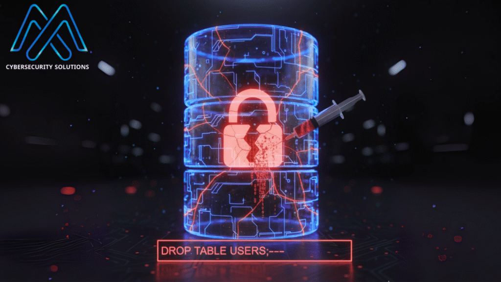 حقنة تخترق قاعدة بيانات رقمية متوهجة، مع قفل مكسور ورمز أمر "DROP TABLE USERS;" يظهر في الواجهة، يمثل هجوم SQL Injection واختراق البيانات.