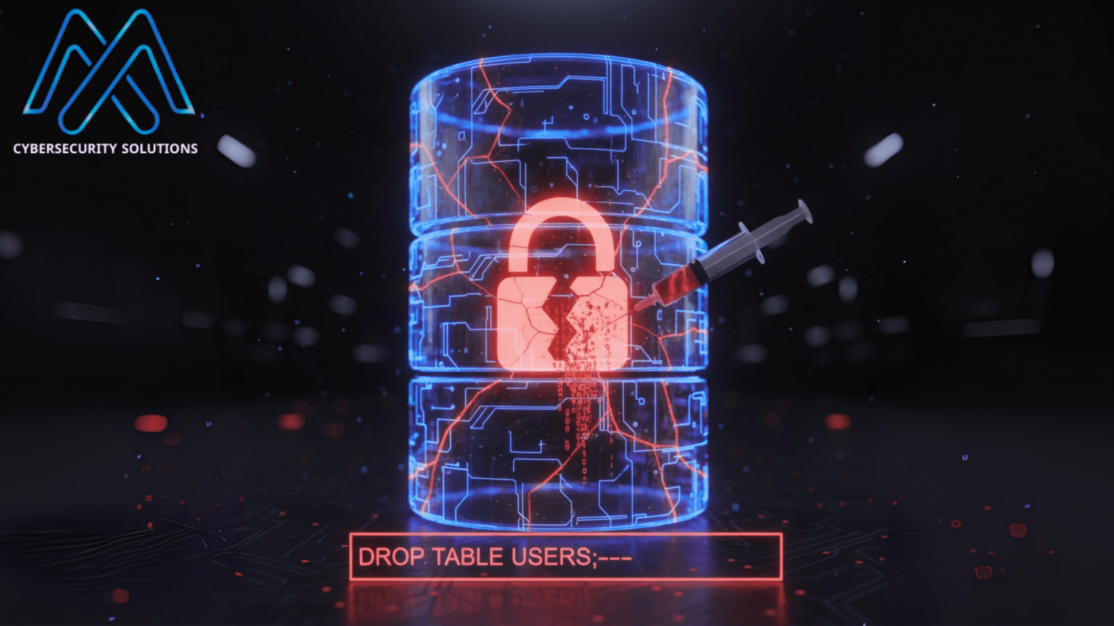 حقنة تخترق قاعدة بيانات رقمية متوهجة، مع قفل مكسور ورمز أمر "DROP TABLE USERS;" يظهر في الواجهة، يمثل هجوم SQL Injection واختراق البيانات.