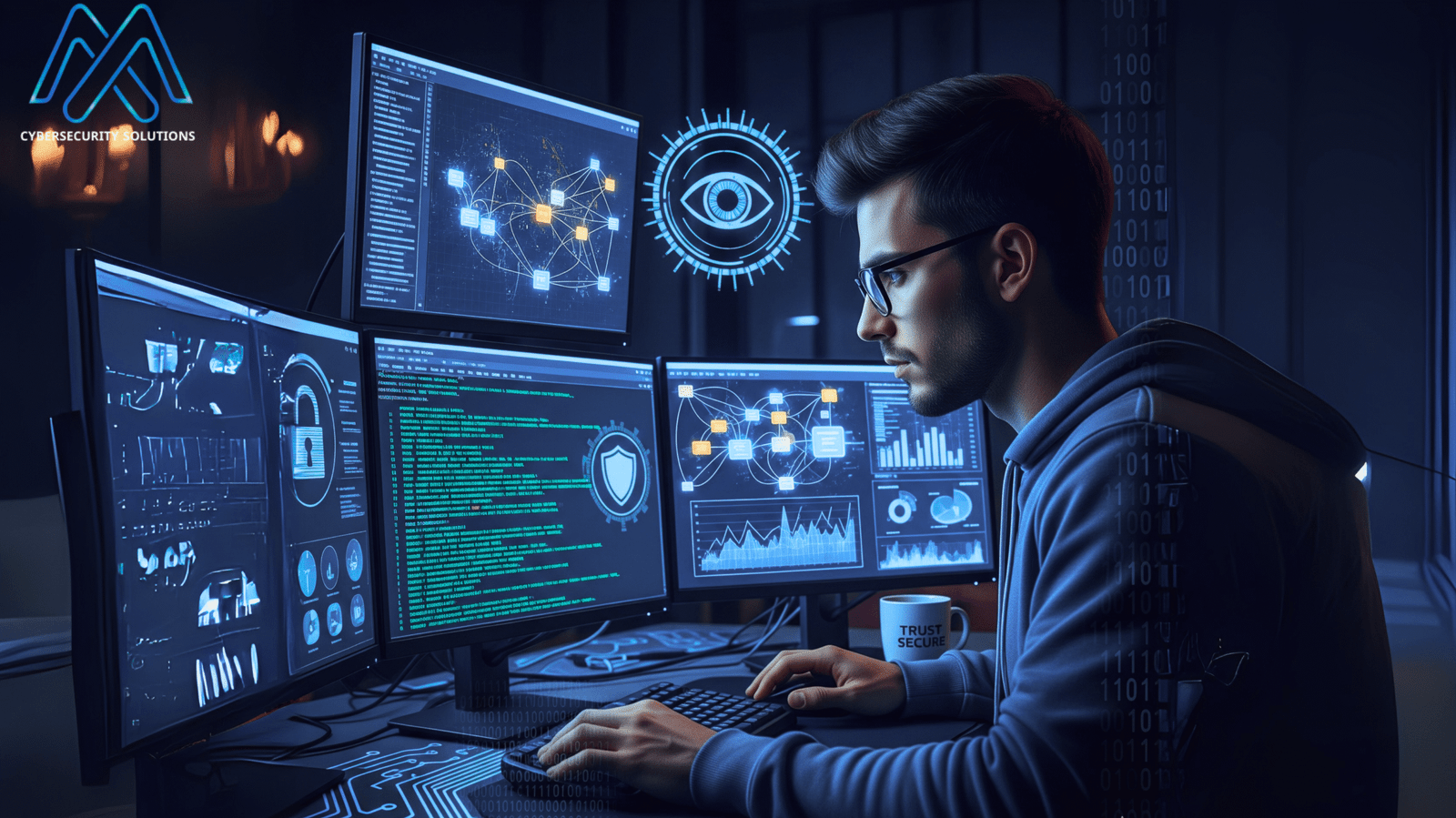 شاب مختص في الأمن السيبراني يرتدي نظارة ويجلس أمام شاشات متعددة تعرض رموزًا وخرائط شبكات، مع التركيز على حماية البيانات واختبار الاختراق.