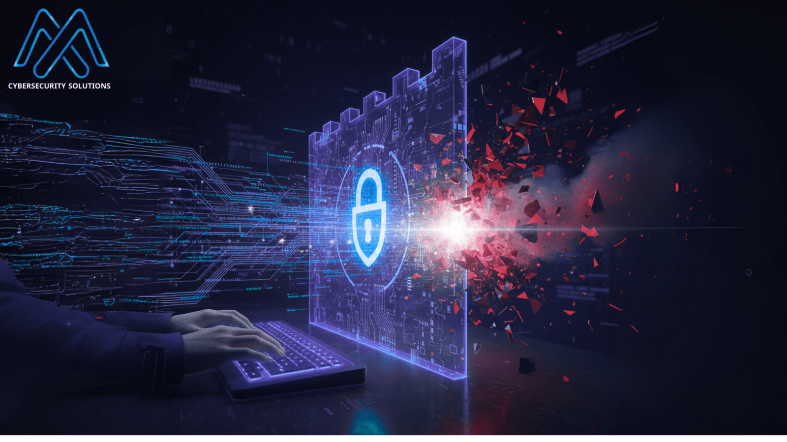 صورة توضيحية ليد تكتب على لوحة مفاتيح رقمية، تتحول منها الأكواد إلى هيكل أمني ثلاثي الأبعاد يصد هجمات إلكترونية مجردة.