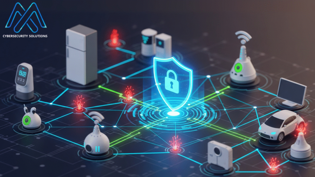 صورة تجريدية تظهر شبكة معقدة من أجهزة إنترنت الأشياء مثل الثلاجة الذكية والسيارات، محمية بدرع رقمي مضيء. بعض النقاط في الشبكة تظهر بلون أحمر للإشارة إلى الثغرات الأمنية.