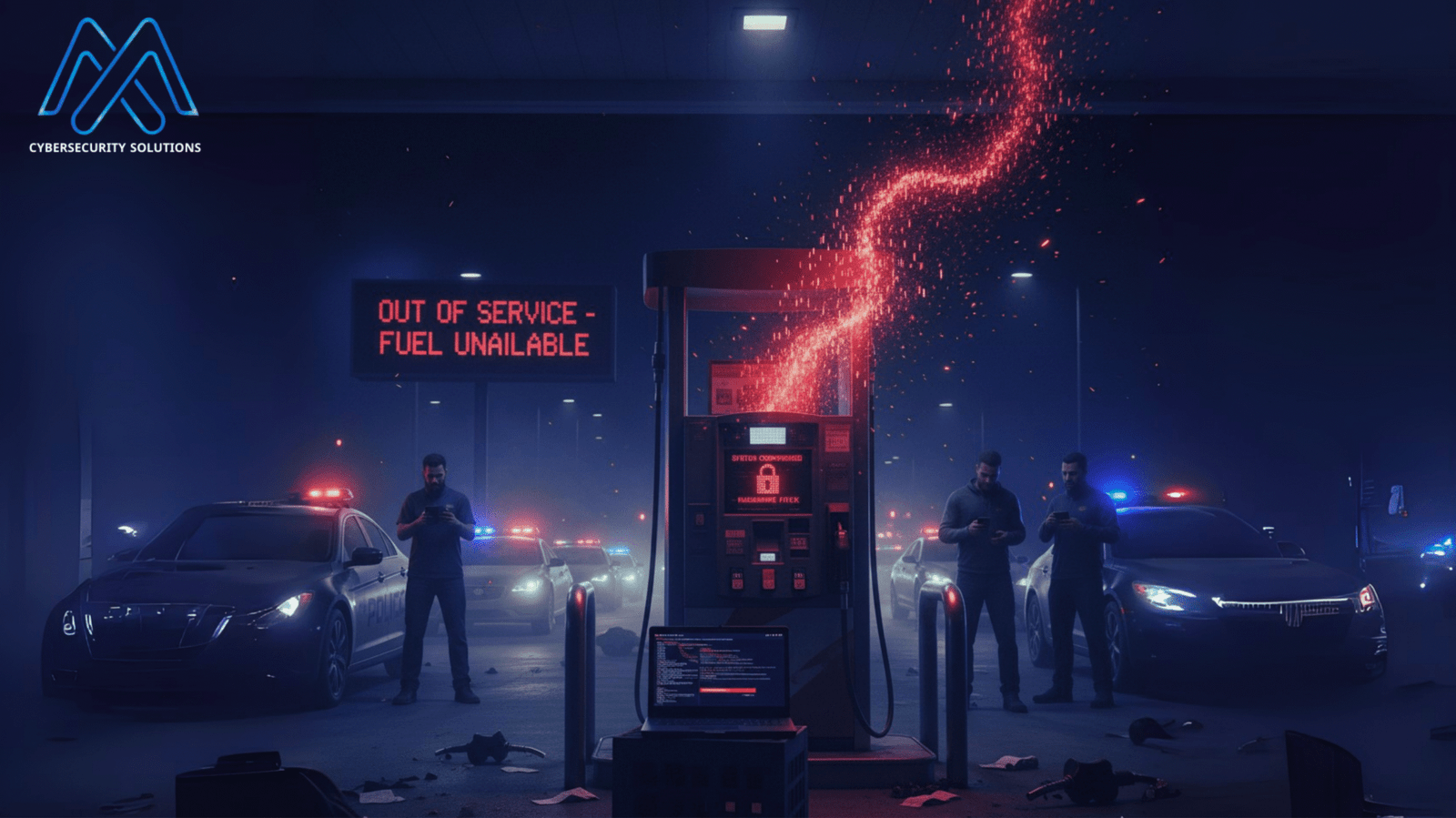 صورة واقعية لمضخة وقود تعرض رسالة "OUT OF SERVICE - FUEL UNAVAILABLE" بسبب هجوم إلكتروني. تظهر حولها سيارات شرطة وأشخاص، وتتدفق منها أكواد رقمية متوهجة باللون الأحمر، مع جهاز حاسوب يعرض بيانات الهجوم.