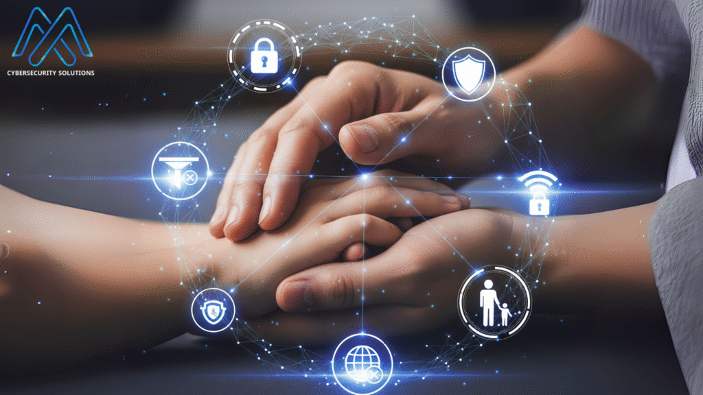 يد بالغ تحمي يد طفل مع شبكة رقمية متوهجة وأيقونات أمن الإنترنت، ترمز للرقابة الأبوية وأمان الأطفال على الإنترنت.