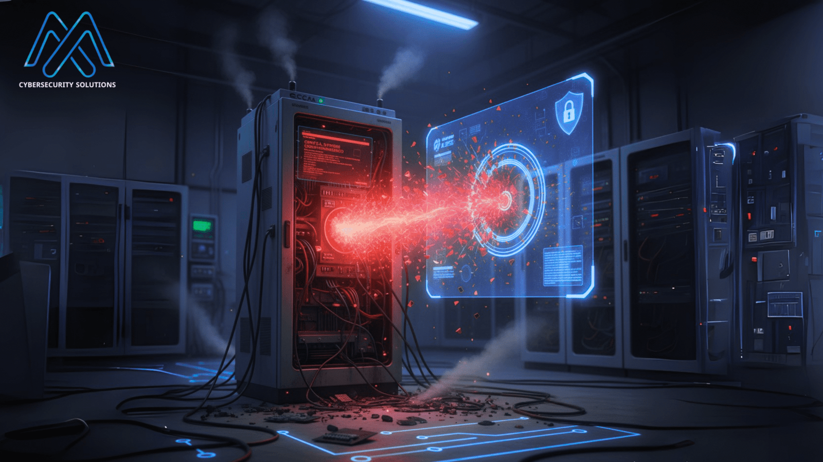 صورة توضيحية لجهاز طرد مركزي متصدع ومضيء باللون الأحمر، مع أكواد رقمية خبيثة تخترقه وتسبب دماراً فيزيائياً.