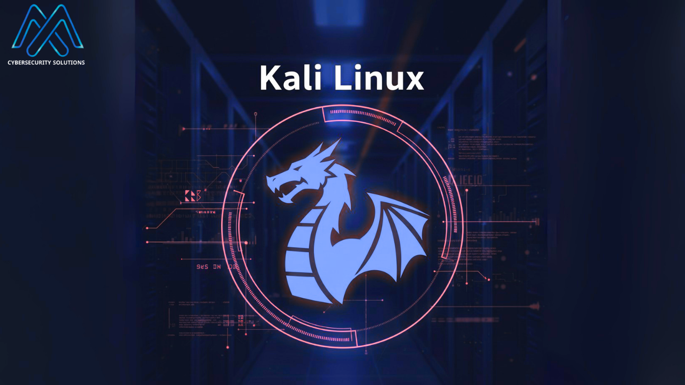 شعار توزيعة كالي لينكس (Kali Linux) للتنين، مع خلفية تقنية تعبر عن الأمن السيبراني واختبار الاختراق