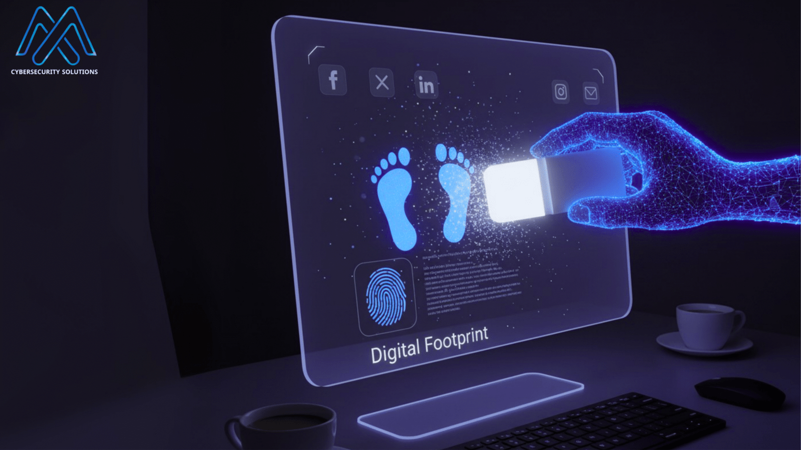 يد رقمية تمحو أثراً رقمياً على شاشة كمبيوتر، في إشارة إلى حذف البيانات الشخصية والتحكم في الخصوصية على الإنترنت.