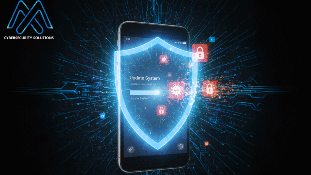 هاتف ذكي يعرض رسالة "Update System" محاطة بدرع حماية رقمي باللون الأخضر المتوهج، مع أيقونات فيروسات وأقفال حمراء تشير إلى التهديدات الأمنية، وخلفية شبكات إلكترونية.