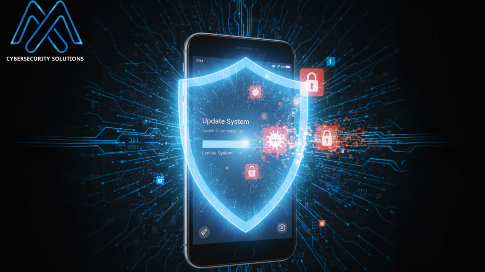 هاتف ذكي يعرض رسالة "Update System" محاطة بدرع حماية رقمي باللون الأخضر المتوهج، مع أيقونات فيروسات وأقفال حمراء تشير إلى التهديدات الأمنية، وخلفية شبكات إلكترونية.