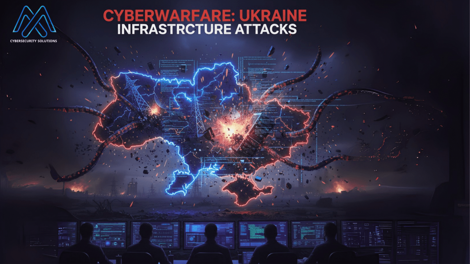صورة رقمية معقدة باللونين الأزرق والأحمر تظهر شبكة من خطوط البيانات والأضواء المترابطة، مما يرمز إلى هجوم سيبراني على البنية التحتية.