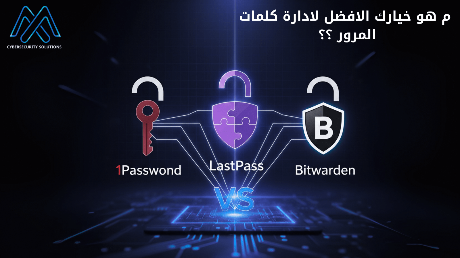 صورة مقارنة بين برامج إدارة كلمات المرور. تظهر أيقونات برامج 1Password و LastPass و Bitwarden مع قفل ورمز مفتاح، مما يمثل حماية كلمات المرور