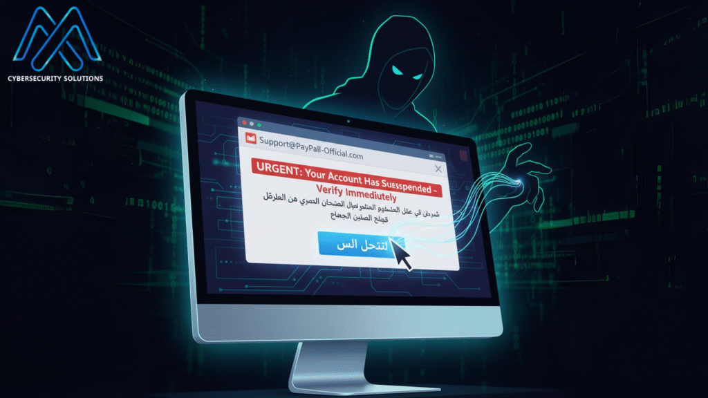 شاشة حاسوب تعرض رسالة تصيد احتيالي (Phishing) تحذيرية، مع يد شبحية تحاول توجيه مؤشر الفأرة للضغط على زر خادع، وشكل شبحي لمخترق يتربص في الخلفية.