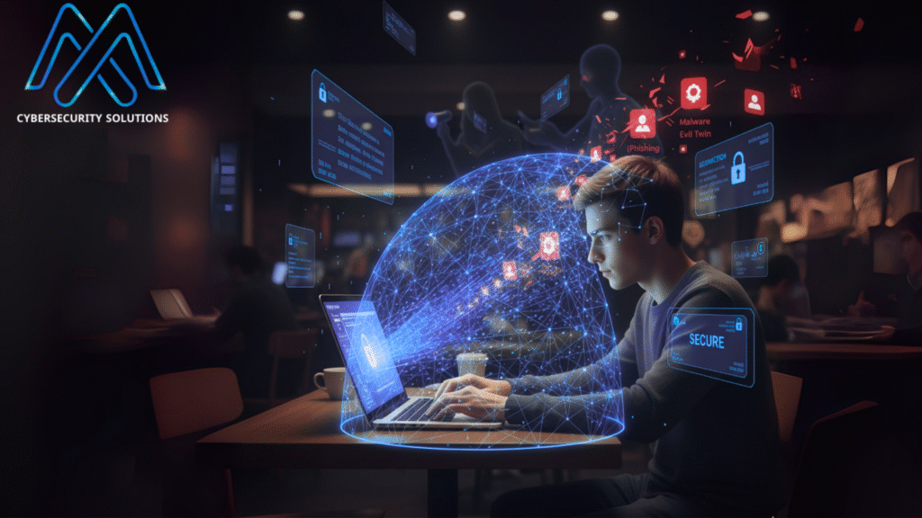 شاب يستخدم حاسوباً محمولاً في مقهى، محاطاً بقبة حماية شبكية زرقاء متوهجة ترمز للـ VPN، بينما تظهر تهديدات رقمية مثل الفيروسات وأقفال مخترقة تحوم في الخلفية.