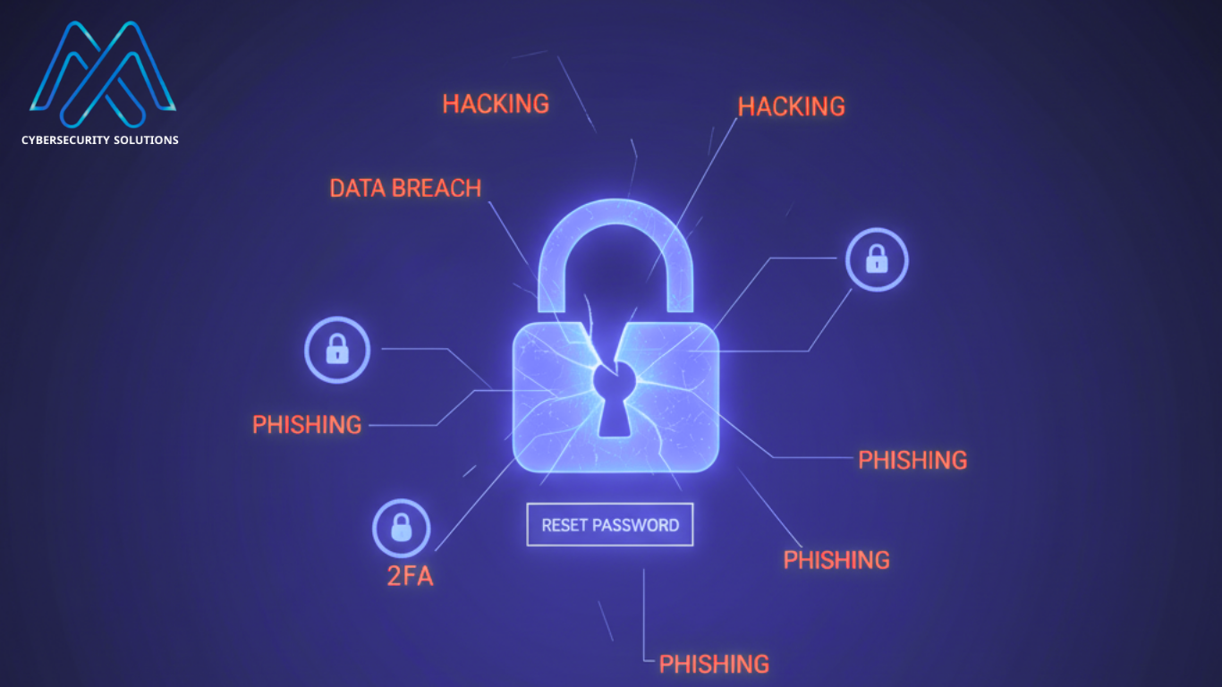 صورة فنية رقمية تُظهر قفلاً مفتوحًا يتوهج باللون الأحمر كدلالة على اختراق حدث، ودرع مضيء يظهر فورًا لإعادة الإغلاق. ترمز الصورة إلى الحاجة للتحرك السريع لتأمين الحسابات بعد الهجوم.